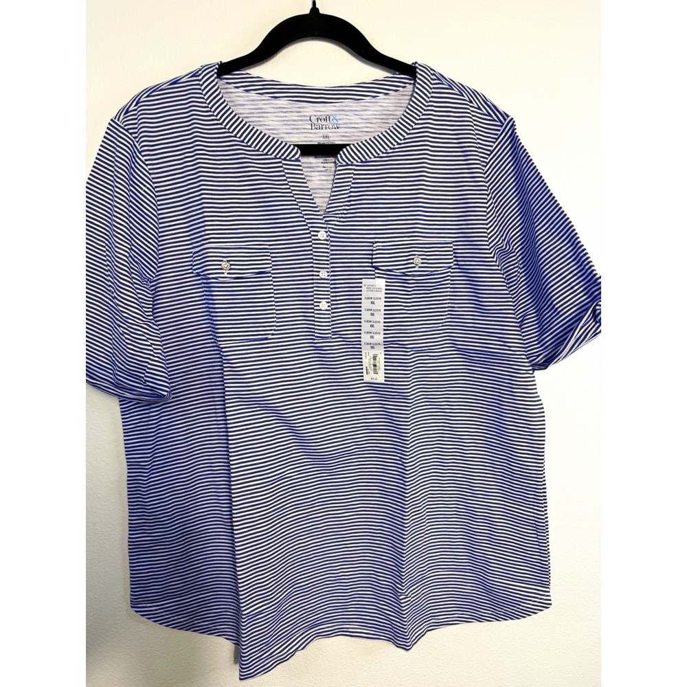 Croft & Barrow Women's Blue/White Striped Short Sleeve Knit Button-Up Shirt XXL
